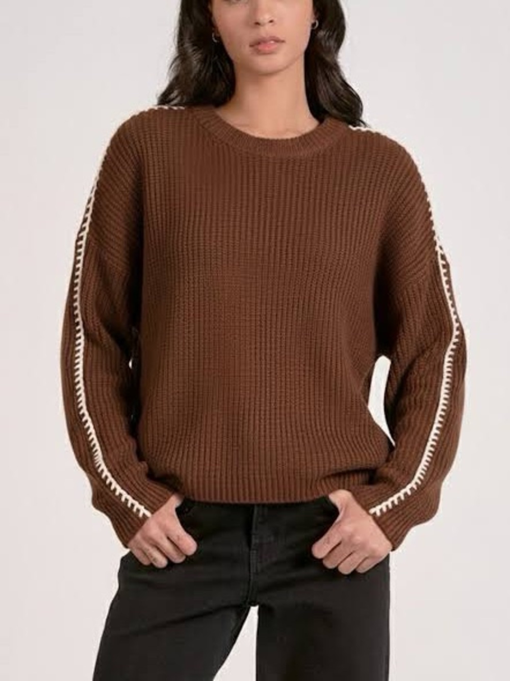 Elan Ribbed Blanket Stitch Sweater Brown M Granola Girl Cozy Boho